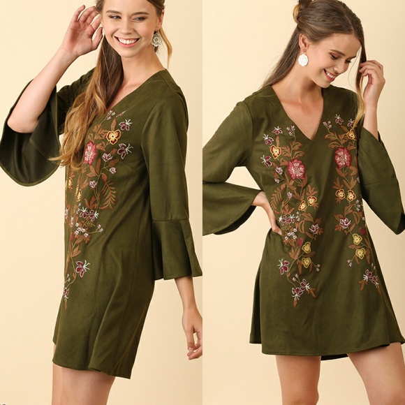 Umgee Dresses & Skirts - Floral Olive Bell Sleeve Embroidered Flower Dress